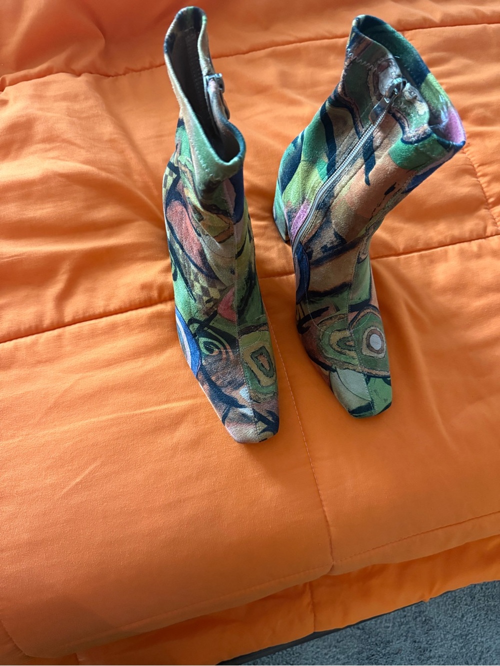 Vivianly Green Multi Abstract Print Ankle Boots
